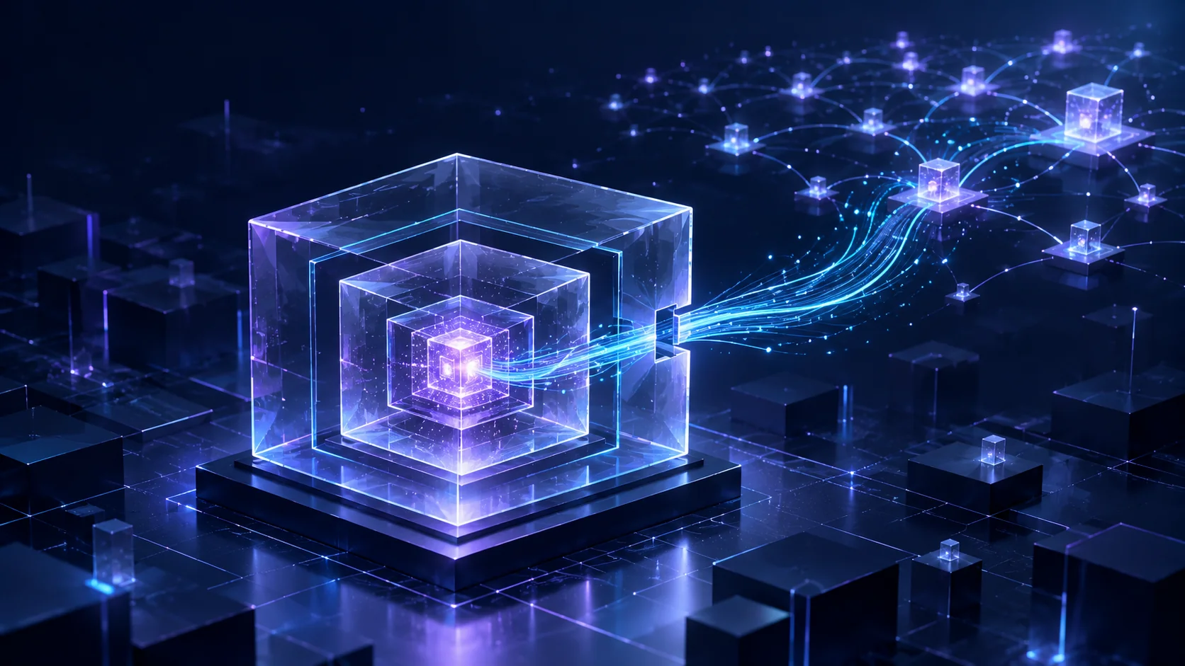 Conceptual illustration of nested glass containment cubes with a luminous signal passing through an opening toward a network.